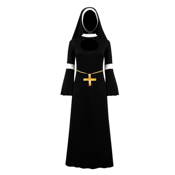 JOANKDMI Womens Classic Nun Costume Maxi Dress with Headpiece and Cross Belt Bell Sleeve Vintage Sister Outfit for Halloween Role Play Party Fancy Dress