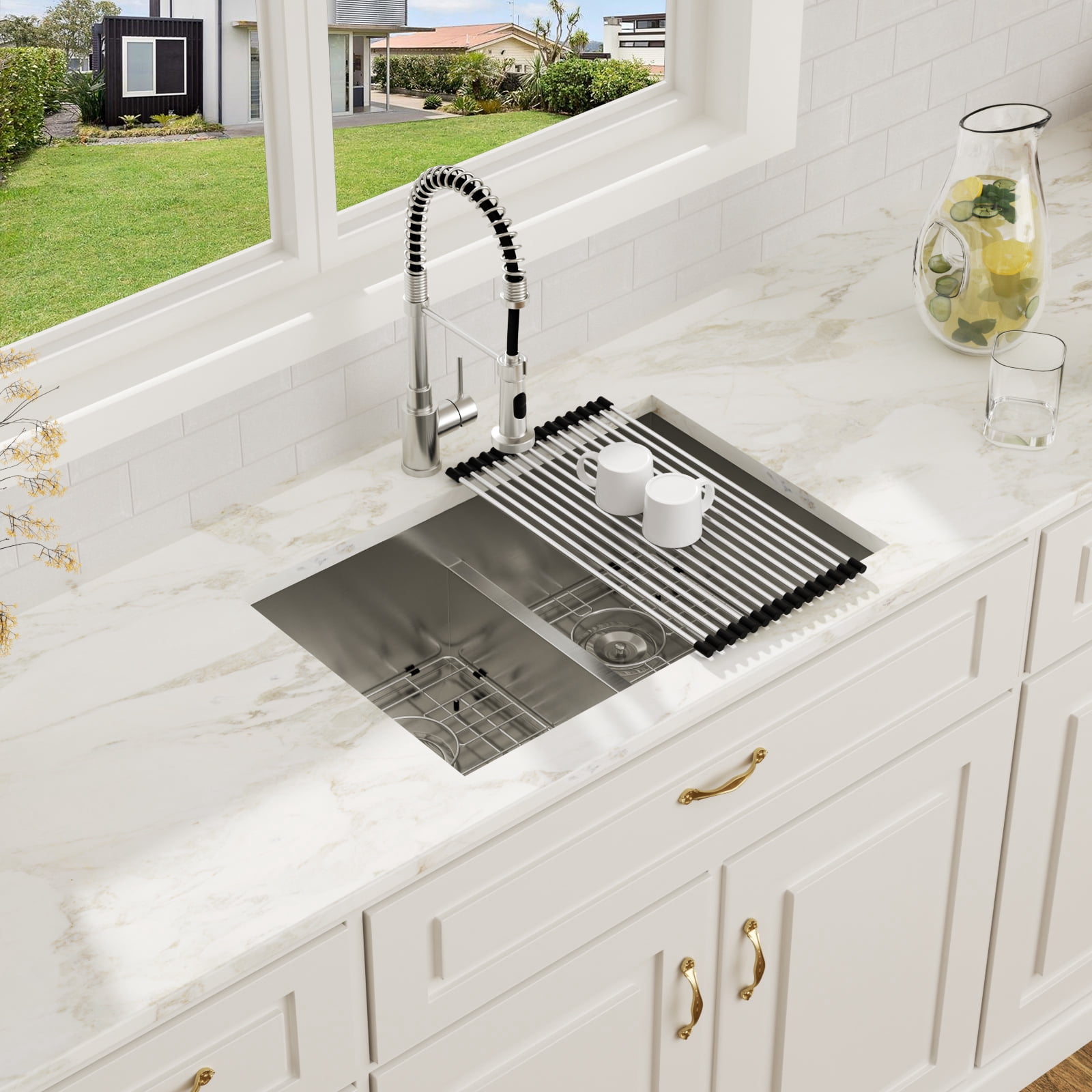 28 in. Undermount 50/50 Double Bowl 16 Gauge T304 Stainless Steel Low Divided Kitchen Sink with 2Pcs Bottom Grids/Drains