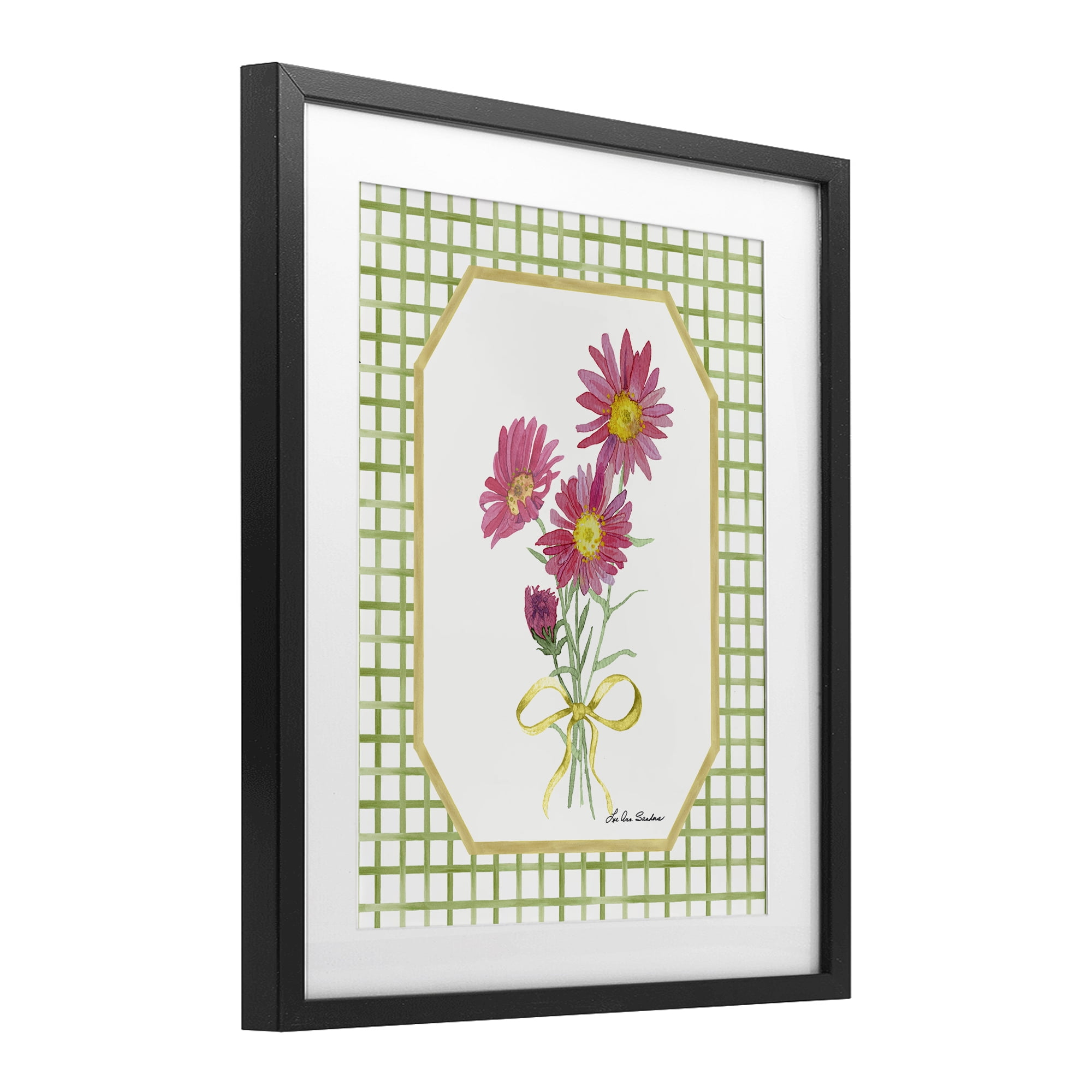 Botanical Story on Gingham Black Framed Print Under Glass, design by Lee Ann Sanders