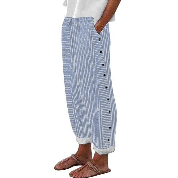 Women's Cotton Linen Pants Elastic Waist Casual Trousers 9/10 Length Breathable Comfortable Everyday Wear Striped Design 4 Pockets Lightweight Relaxed Fit Blue S Size