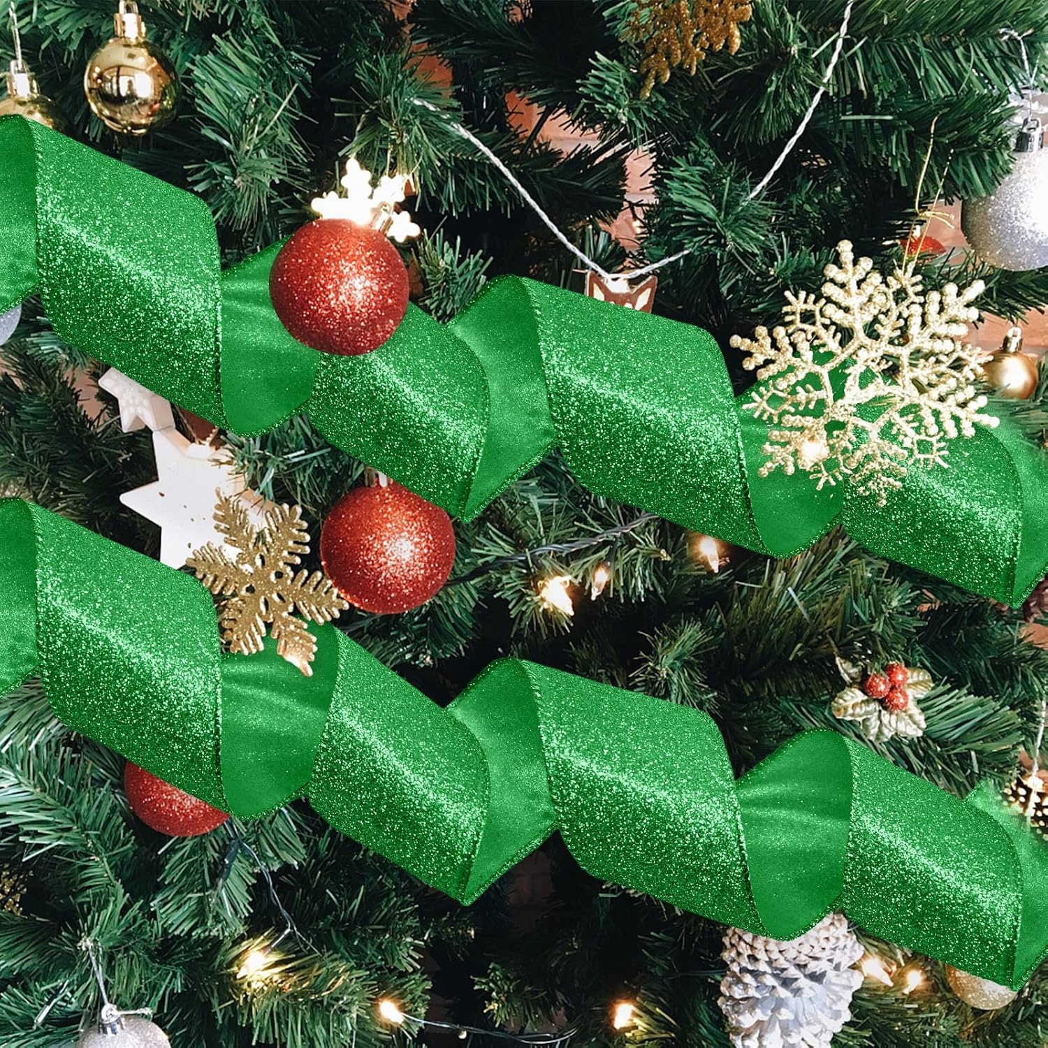 2 Rolls Christmas Ribbon,Bexikou Metallic Glitter Ribbons for Gift Wrapping,Green Wired Edge Ribbon for Christmas Tree Wreath DIY Crafts Home Party Holiday Decoration, 2.5" x20 Yards