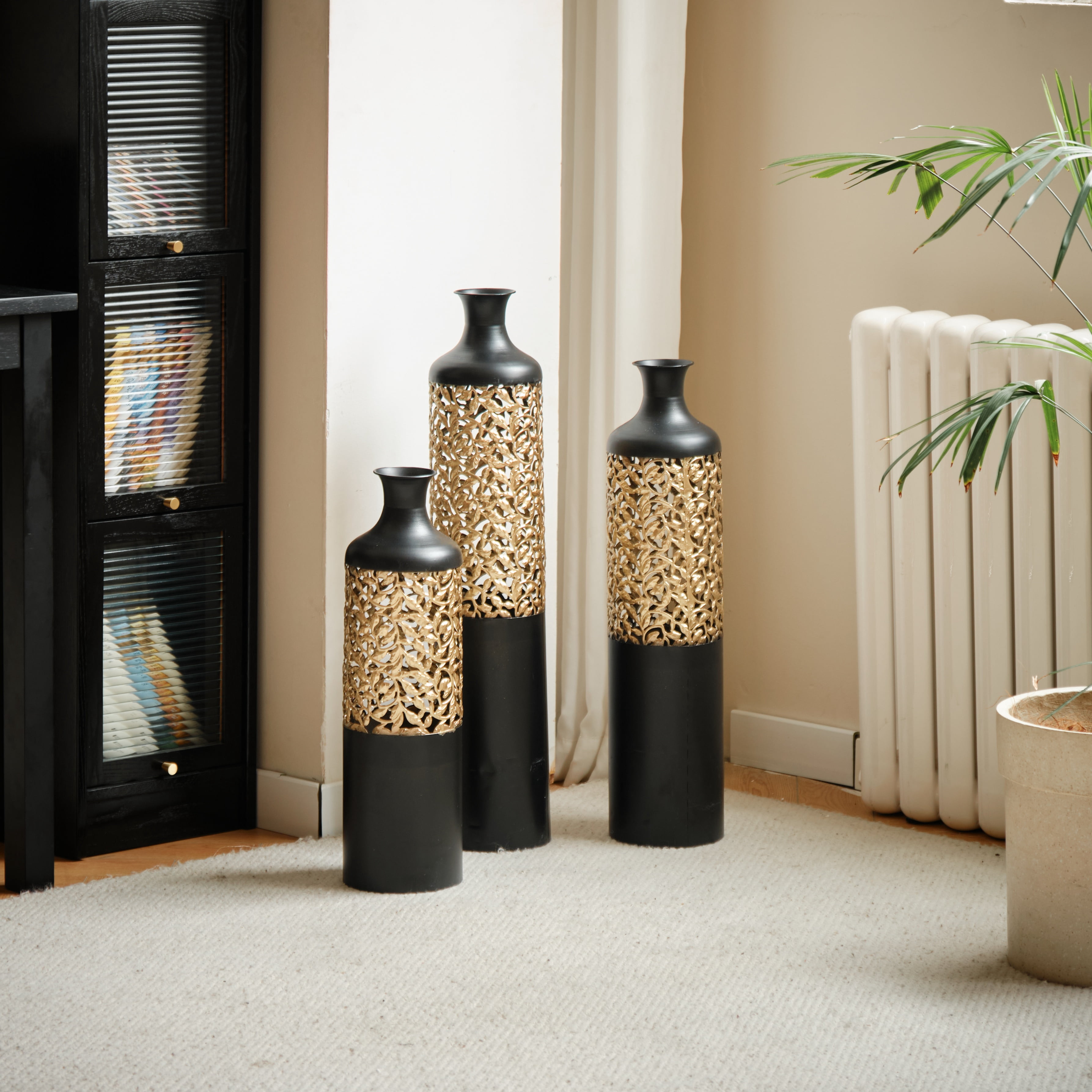 Aukfa Metal Decorative Tall Floor Vase,Set of 3 Large glazed Vases,20.8"/ 24.8"/28.7" H,Black