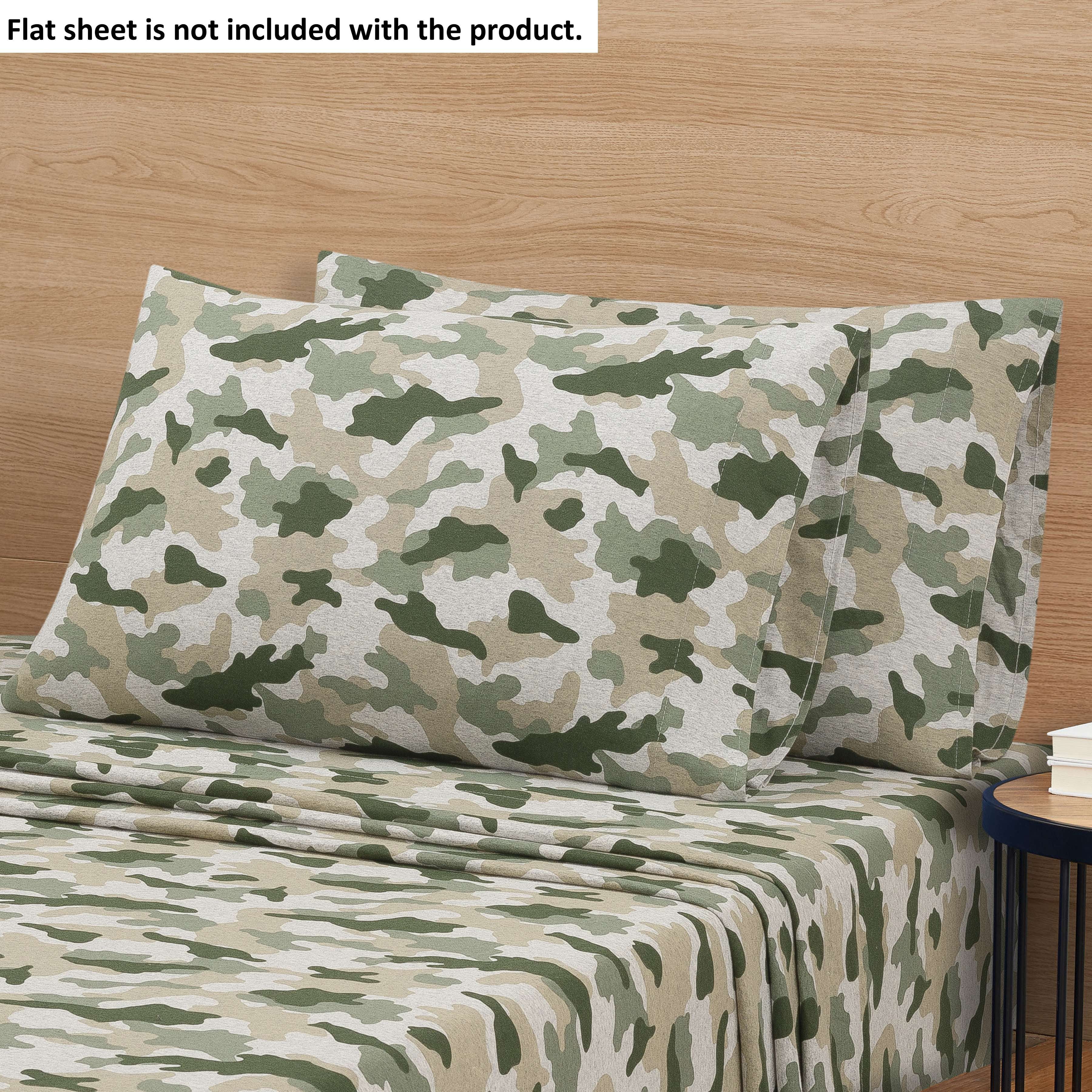 Mainstays 2 Pack Jersey Adult Fitted Sheet Set, Cotton Blended, Gray & Camo, Twin-XL, 4Pieces
