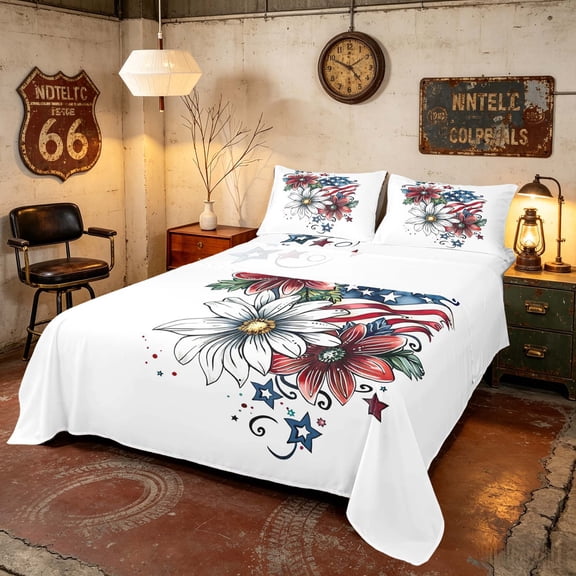 Manfei Floral US Flag Queen Sheets, Red White Blue Daisy Queen Sheet Sets, Black Reversible 4pcs (1 Flat Sheet, 1 Fitted Sheet and 2 Pillowcases)
