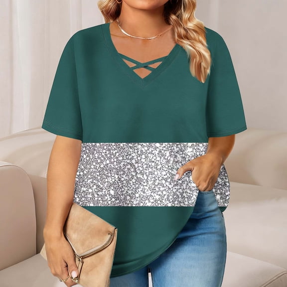 Ounisa Plus Size Tops for Women Short Sleeve Summer Criss Cross Elbow Pullover Color Block Crewneck/V Neck Tee Tunic Loose Fit Tshirts XL-5XL