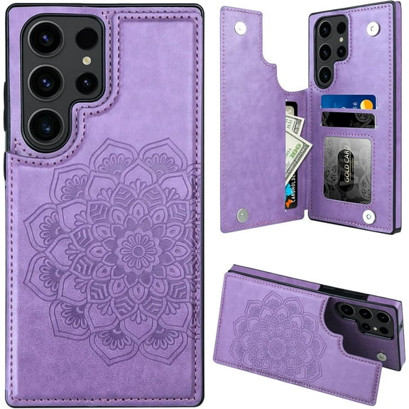 for Samsung S23 Ultra Case with Card Holder,Flower Magnetic Back Flip Case for Samsung Galaxy S23 Ultra Wallet Case for Women,Protective Case Phone Case for Samsung Galaxy S23 Ultra 5G,Purple