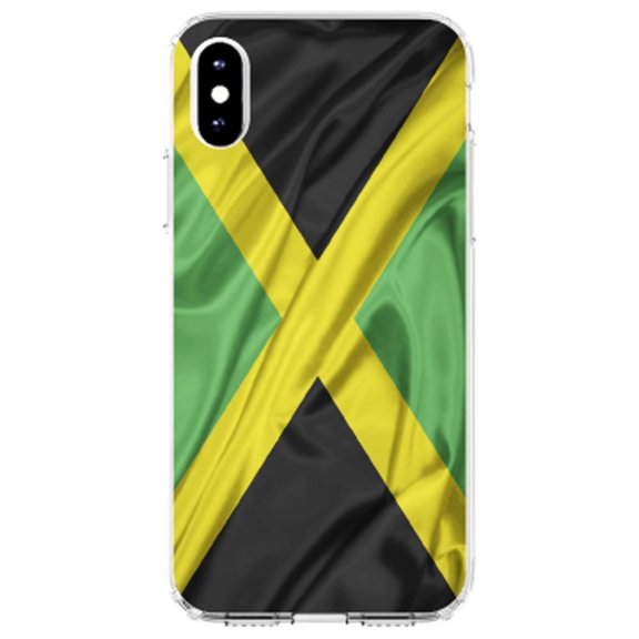 DistinctInk Clear Shockproof Hybrid Case for iPhone XS Max (6.5" Screen) - TPU Bumper, Acrylic Back, Tempered Glass Screen Protector - Jamaica Waving Flag Black Green Yellow - Love of Jamaica