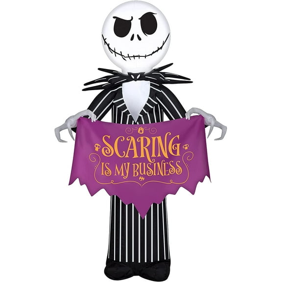 3 1/2' Gemmy Airblown Inflatable Halloween Nightmare Before Christmas Jack Skellington Holding Banner Yard Decoration 227458