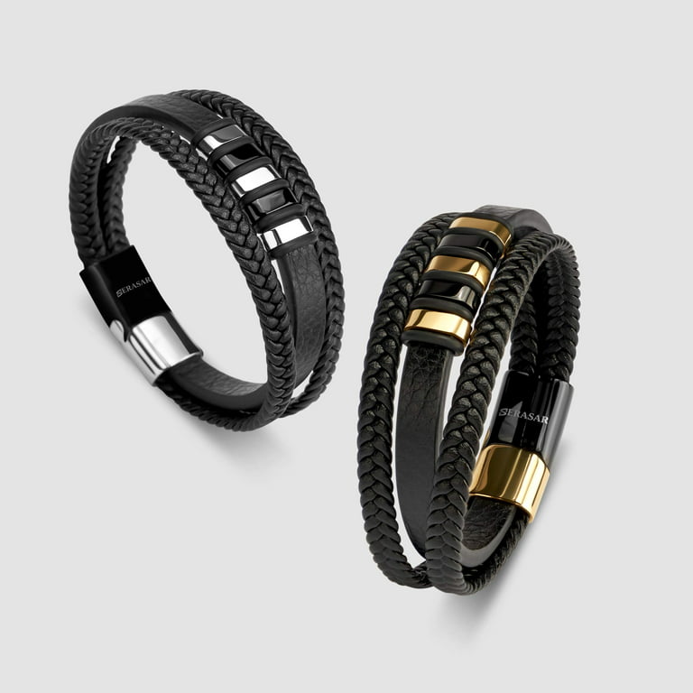 SERASAR Men\'s Leather Bracelet [Glory], Silver/Black 7″, Braided Arm-band