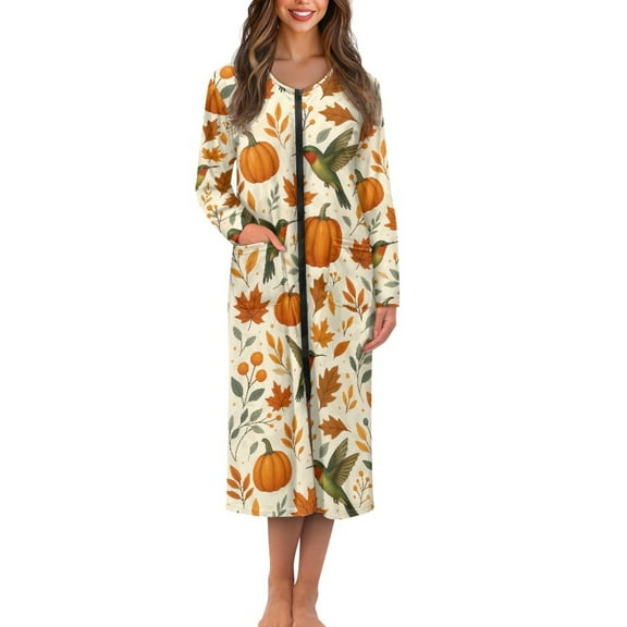Yuyamidu Hummingbird Long Zip Up Bathrobes for Women Long Sleeve Robes Size S Pumpkin Robe Housecoats Lightweight Zipper Front Sleep Dress Fall Thanksgiving Loungewear Dress