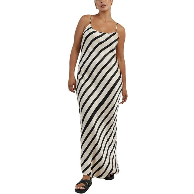 Faithtur Robe en Satin pour Femmes Élégante à Rayures Bretelles Spaghetti Longue Robe d'Été Sans Manches Dos Nu Coupe Basse Robe de Soirée