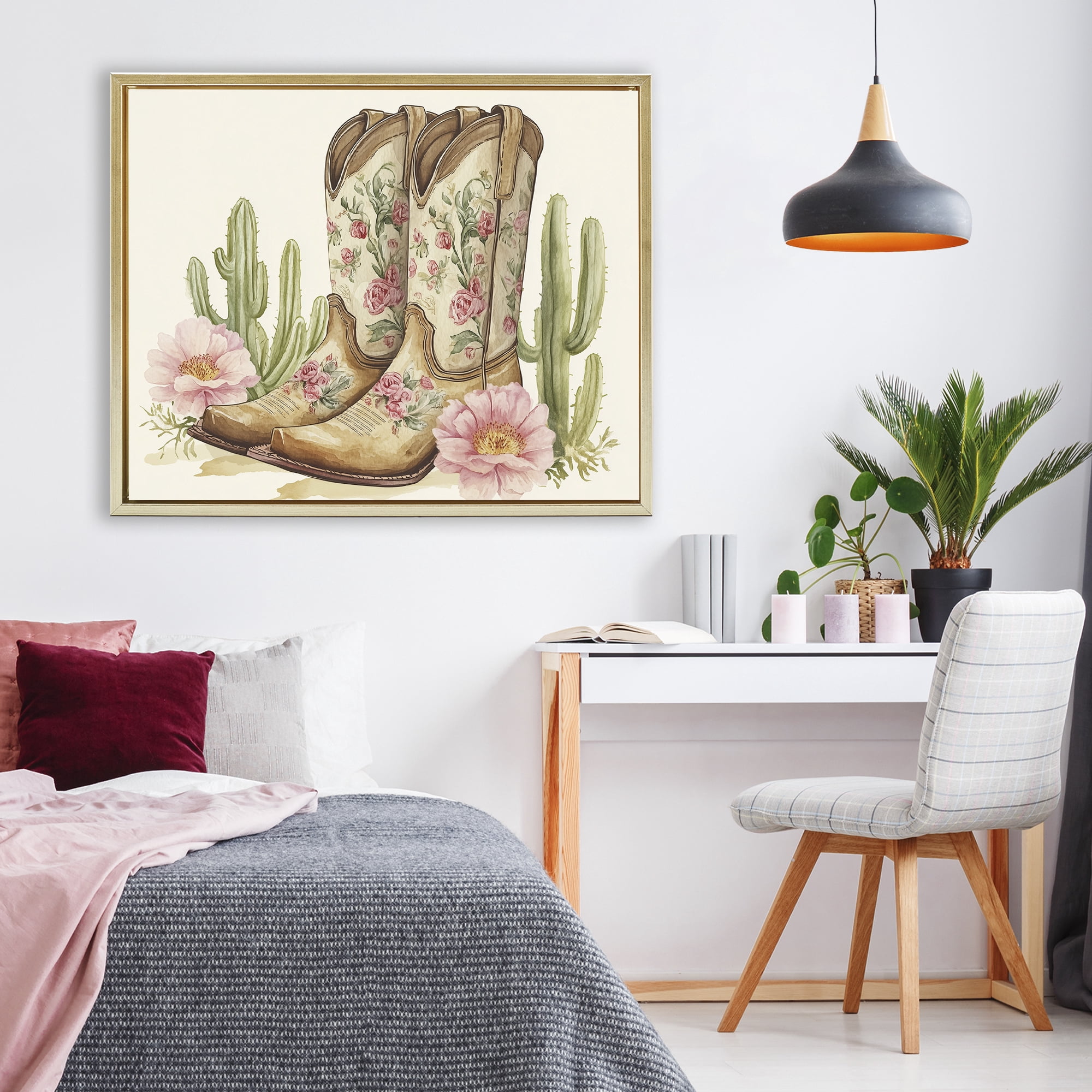Stupell Industries Floral Boots & Cactuses Gold Framed Floater Canvas Wall Art, design by Heidi Kuntz