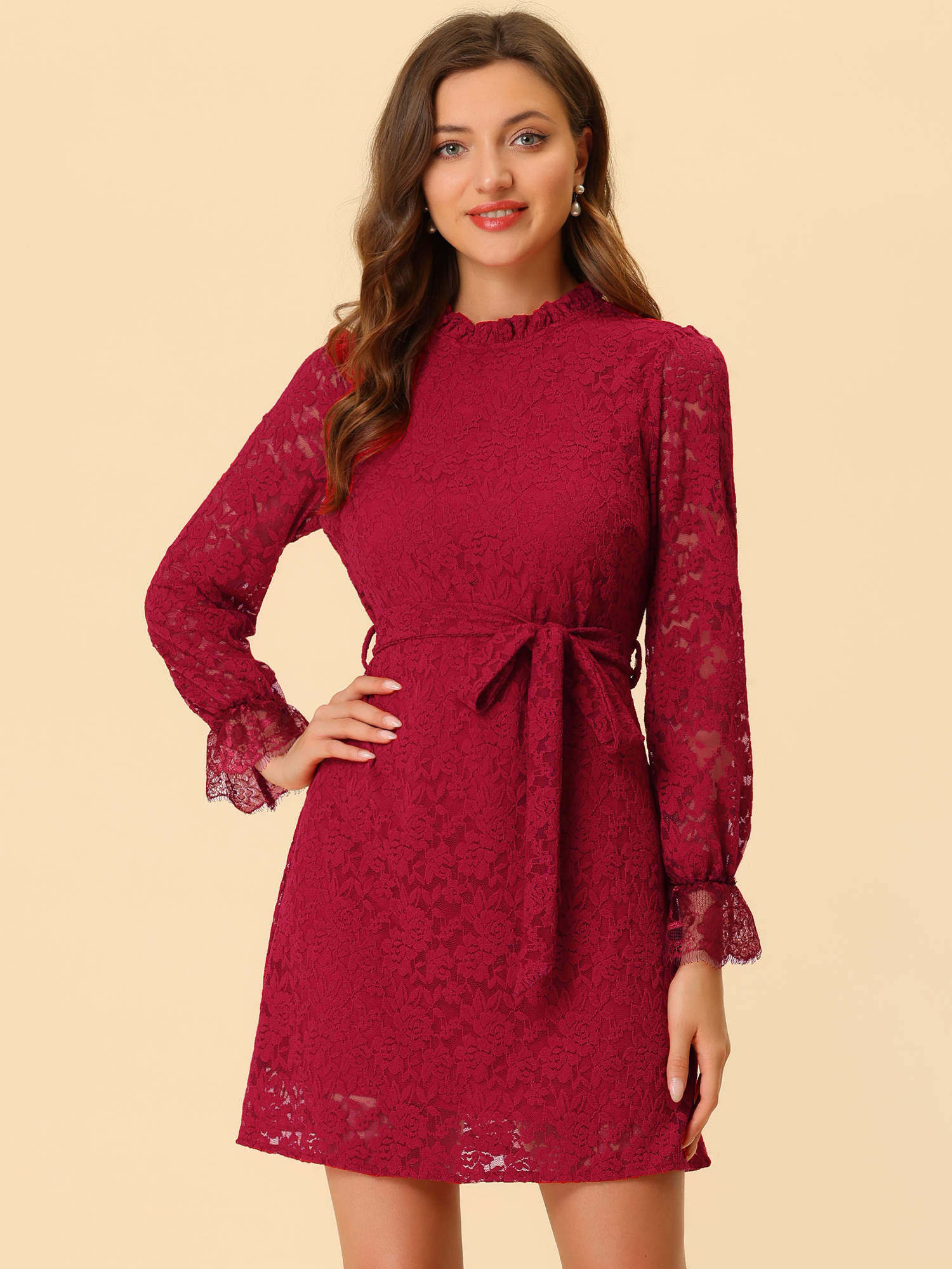 DARING DIVA Floral Ruffle Crew Neck Vintage Mini Lace Dress XL Red