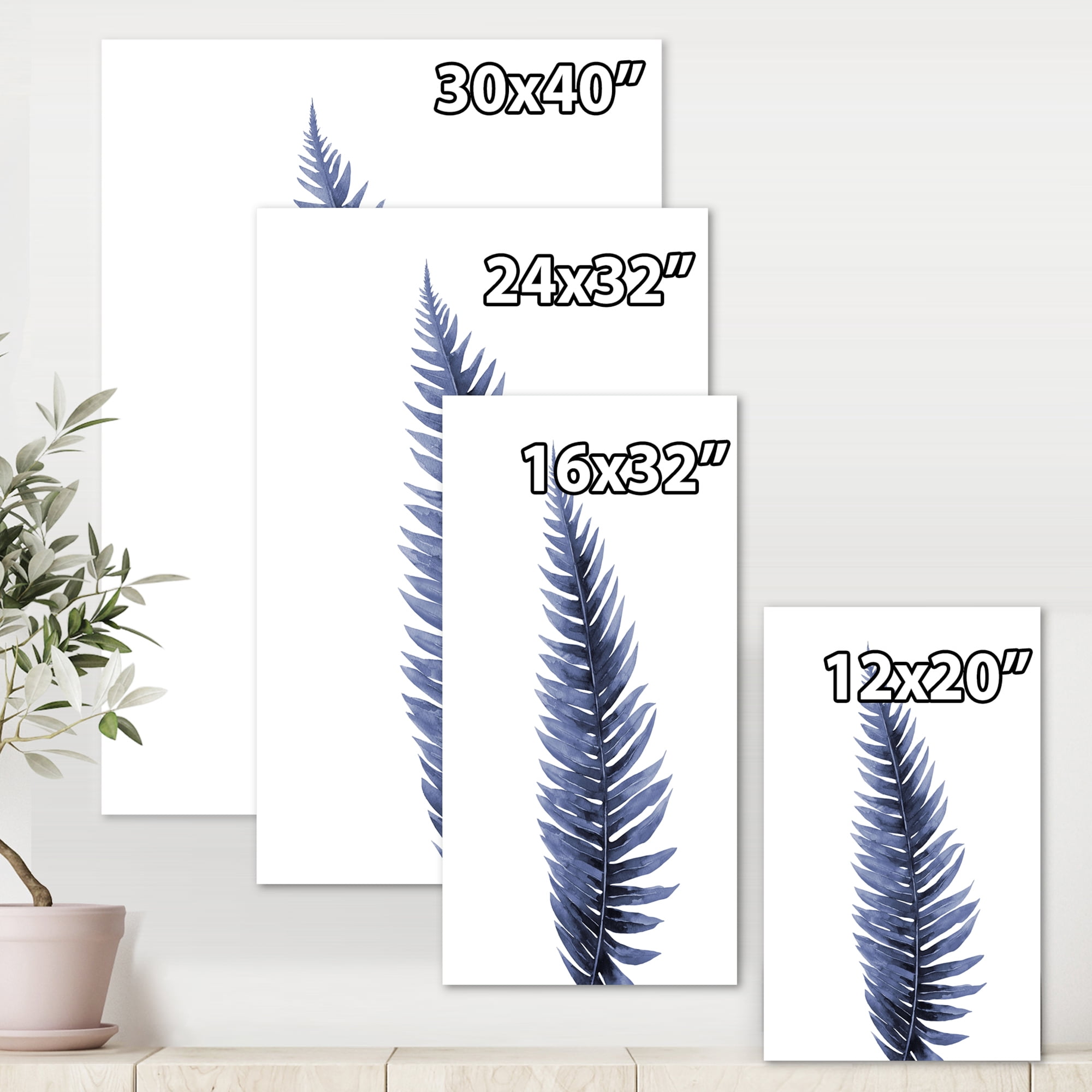 Designart ' Tropical Blue Watercolour Leaves On White ' Bohemian & Eclectic Canvas Wall Art Print