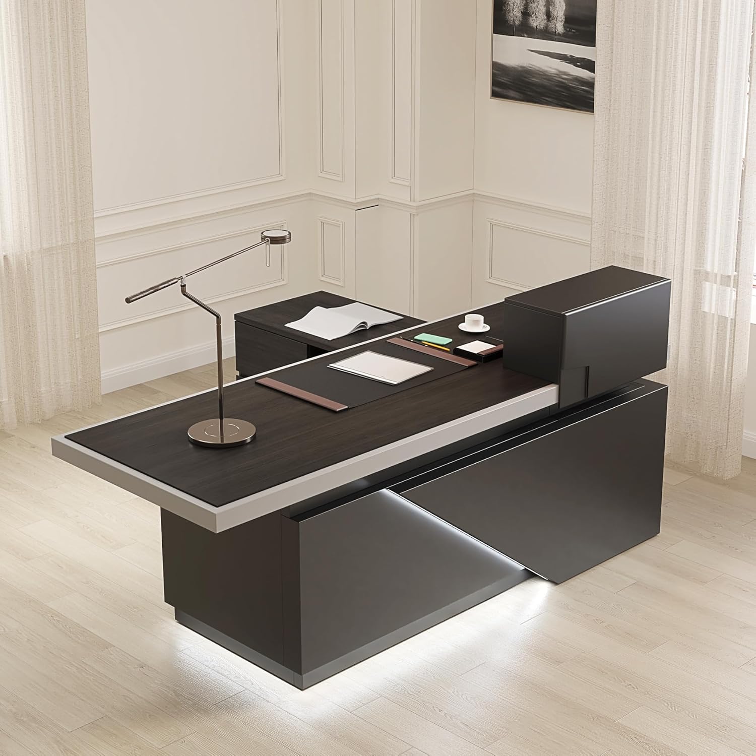 Vivvoo 78.7" Black  L Shaped Executive Desk with Drawers Light for Home Office(Left Return)