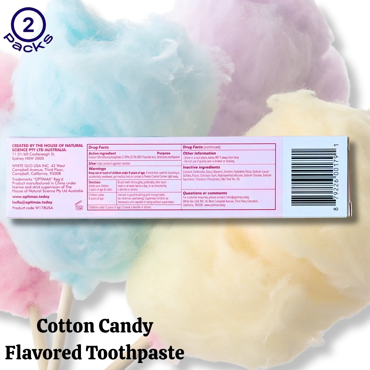 Optimax Cotton Candy Flavored Anticavity Toothpaste, Pack of 2, 2.8 oz Each
