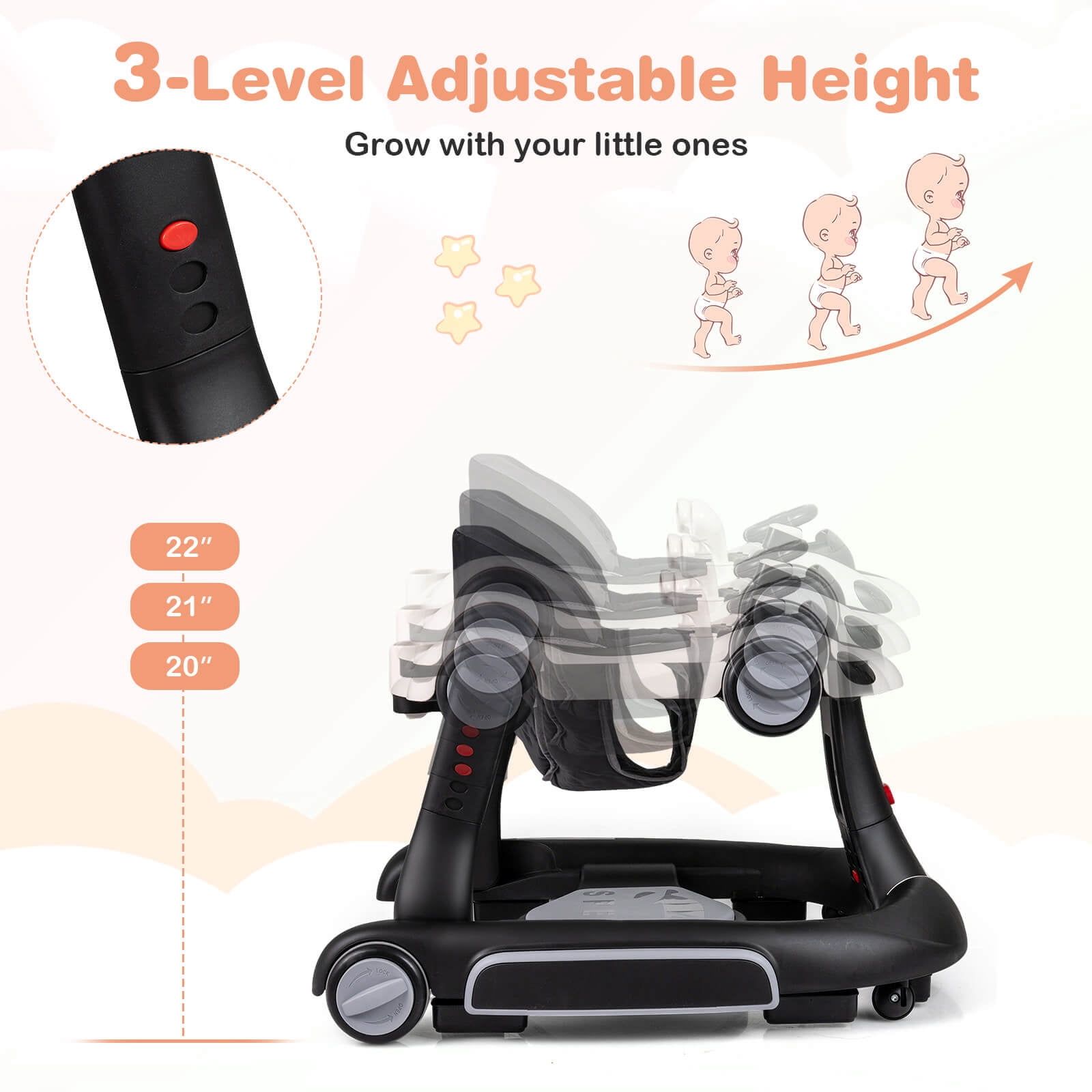 Babyjoy 6-in-1 Baby Walker with Canopy, Music, Lights, Speed/Height Adjustment & Wheels White + Black