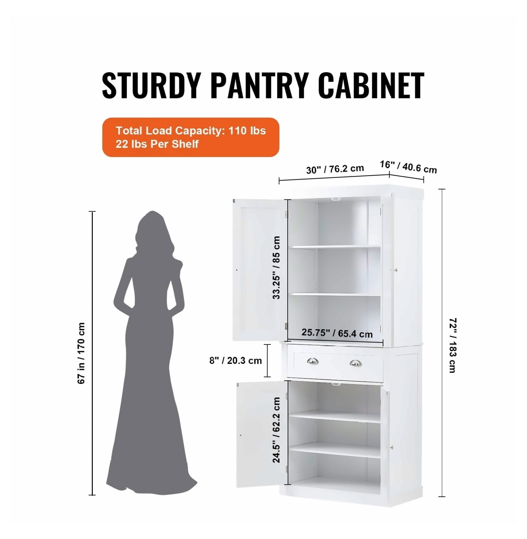 72" Kitchen Pantry Cabinet, Freestanding Storage with Doors & Drawer, Adjustable Shelves, Tall Buffet Pantry for Kitchen, Living Room, White