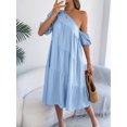 thumbnail image 5 of Women'S Boho One Shoulder Short Sleeve Smocked Ruffle Swing Midi Dress Light Blue L, 5 of 10