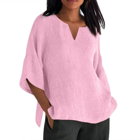 Women Tops  Loose Blouses Casual Solid V Neck Short Sleeve Button Down Linen Shirt Lightweight Tops Fleece Lined Sweatshirt Black Corset Tops For 3/4 Length Tops Casual (M  Hot Pink) ZMTing