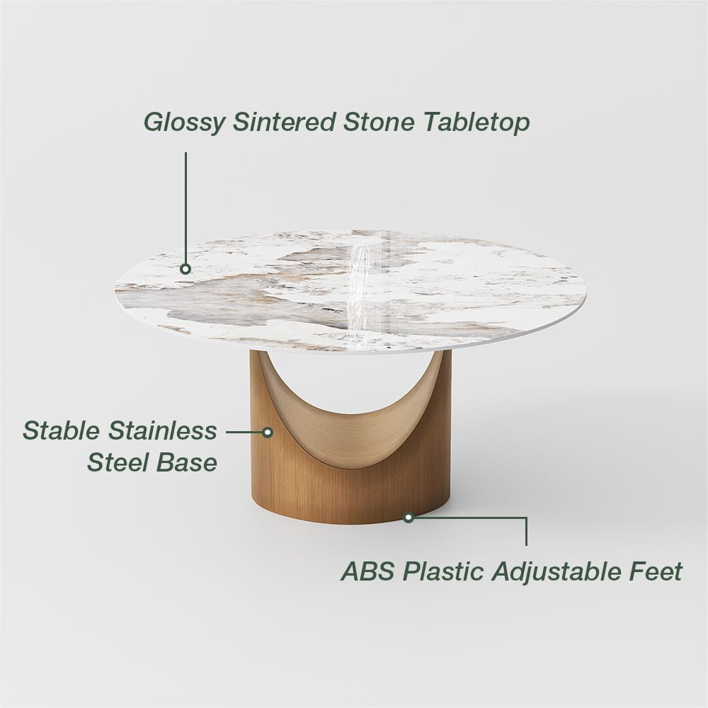POVISON-59" Hobart Modern Round Dining Table for 6, Pandora Glossy Sintered Stone Table, Bronze Carbon Steel Pedestal