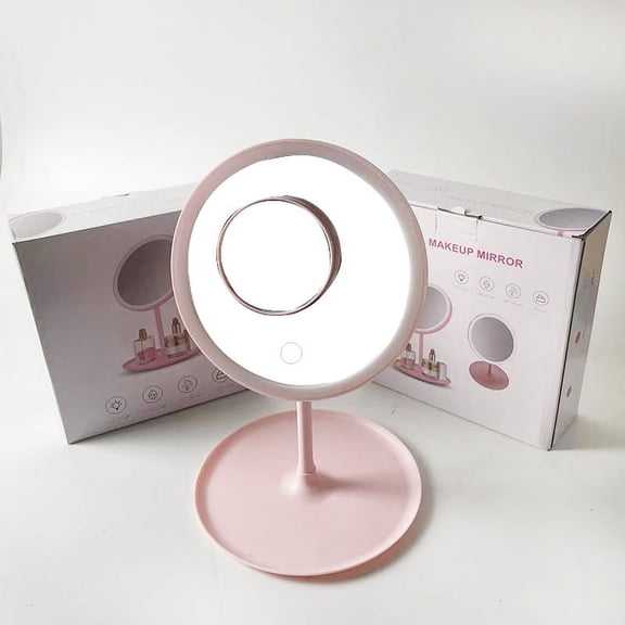 LED Lighted Makeup Mirror with Stand, Rechargeable Vanity Mirror with Touch Control, 360° Ring Light Cosmetic Mirror with Storage Base for Dressing Table,Pink