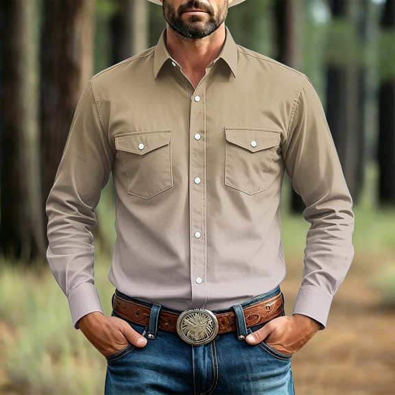 LYSMORA Mens Lapel Long Sleeve Western Cowboy Button Down Shirt Dual Snap Chest Pockets Solid Woven Casual Shirt