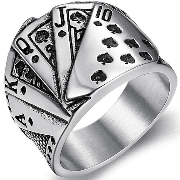PikaLF Royal Flush Ring for Men, Flush Poker Cards Ring, Playing Cards Rings, Men's Stainless Steel Spades Royal Flush Poker Lucky Ring, Amulet Ring, Casino Gambling Jewelry Gift for Men