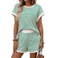 thumbnail image 2 of Women'S Summer 2 Piece Sets Striped Short Sleeve T Shirts and Shorts Loungewear Matching Set Green M, 2 of 9