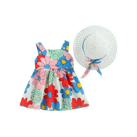 

Calsunbaby Kids Baby Girls Princess Dress Outfits Sleeveless Flower Print Back Bowknot Decor Backless Dress + Wide Brim Hat Set