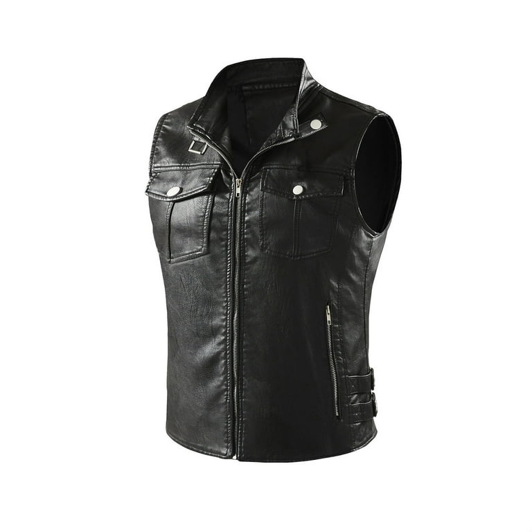 JSGEK Men's Outerwear Vests Punk Sleeveless Zip up Jacket Stand Collar Pu  Jacket Casual Clothes for Men Leather Vest Winter for Motorcycle Rider PU