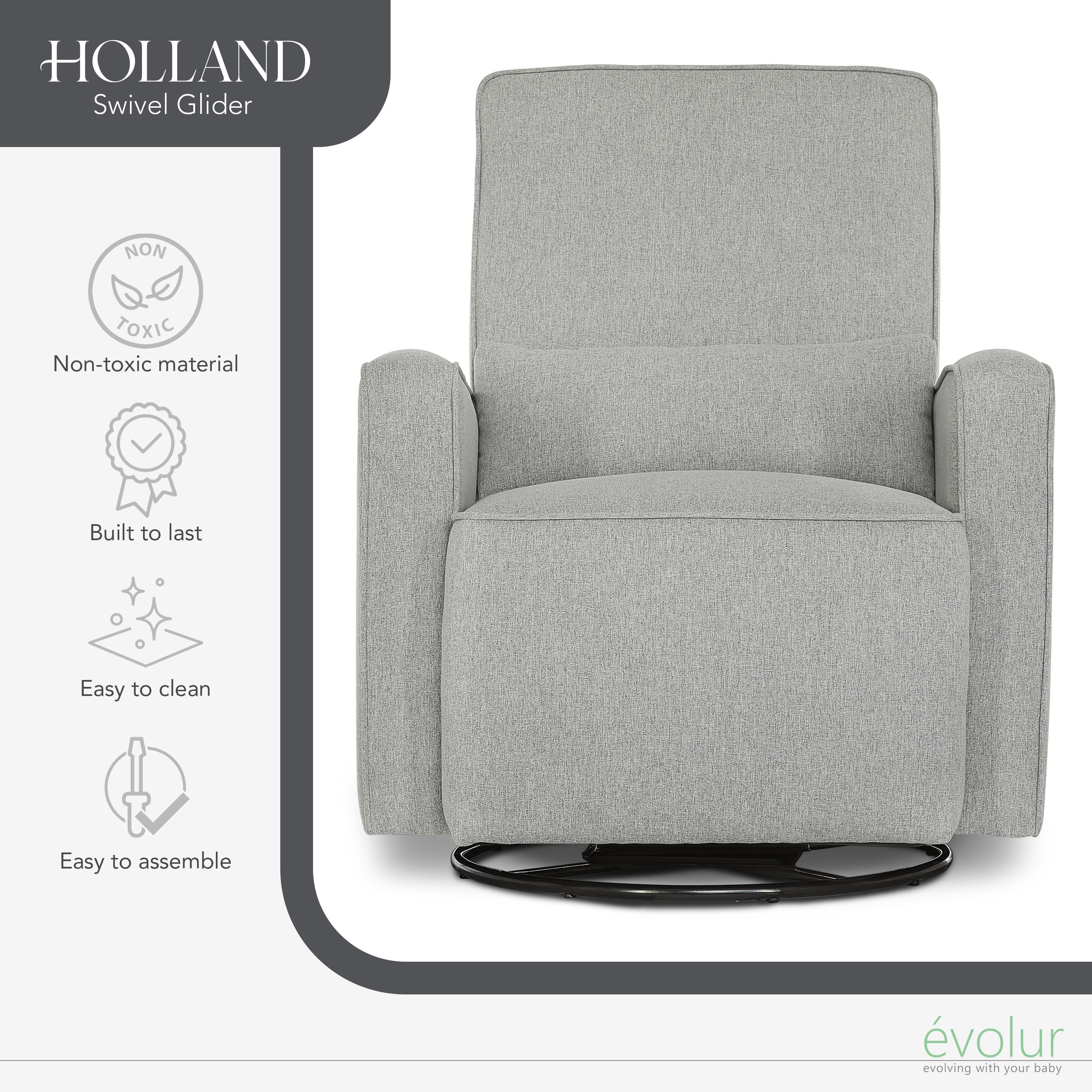 Evolur Holland Upholstered Swivel Glider | Rocker I Included Lumbar Pillow I Modern Design, Harbor
