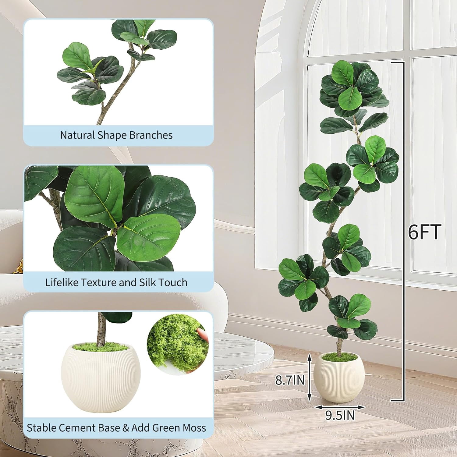 6ft Fiddle Leaf Fig Artificial Tree, Fake Rubber Tall Fake Floor Plant in Pot, Faux Plants Indoor with Moss, for Home Office Living Room Decor, with White Planter