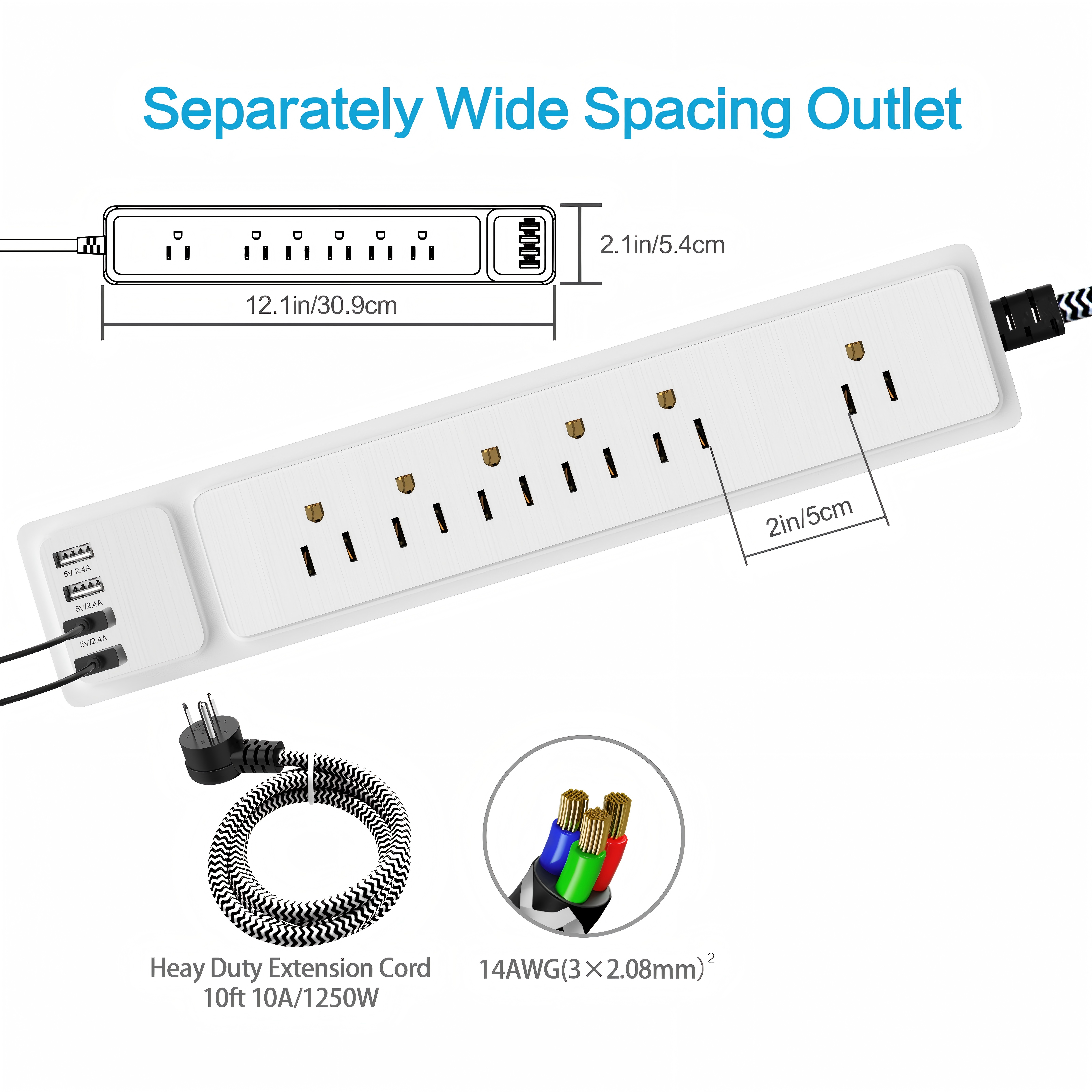 6 Outlet Surge Protector Power Strip with 4 USB Ports (900J), Wide Spacing, Wall Mountable, 1250W - Fireproof Safety