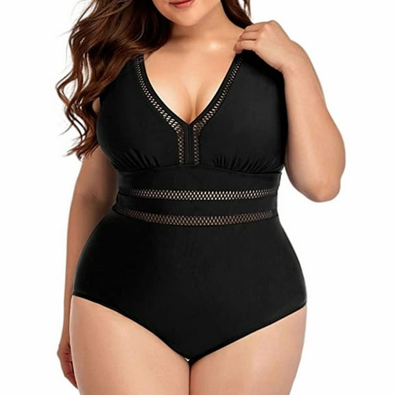 Baqcunre Plus Size Swimsuit for Women, Women's Large Size Swimsuit Solid Color Swimsuit Mesh Stitching Printed Swimsuit Bikini, Swim Suits for Women 2024, One Piece Swimsuit Women Black L