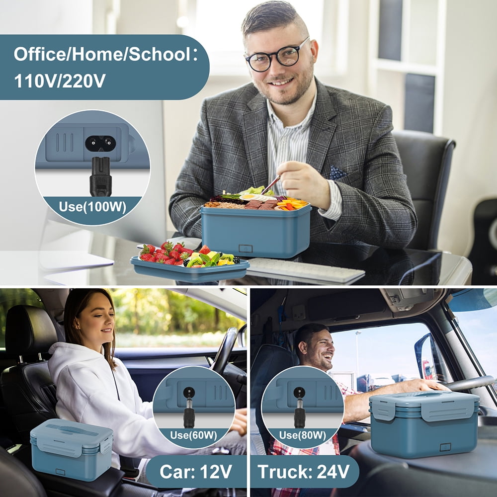 Vabaso Electric Lunch Box Food Heater, 1.8L/61oz Heated for Adults Car/Truck Home/Work, 60/80/100W Warmer Heating with Removable Stainless Steel Container, 12V/24V/110V220V Blue