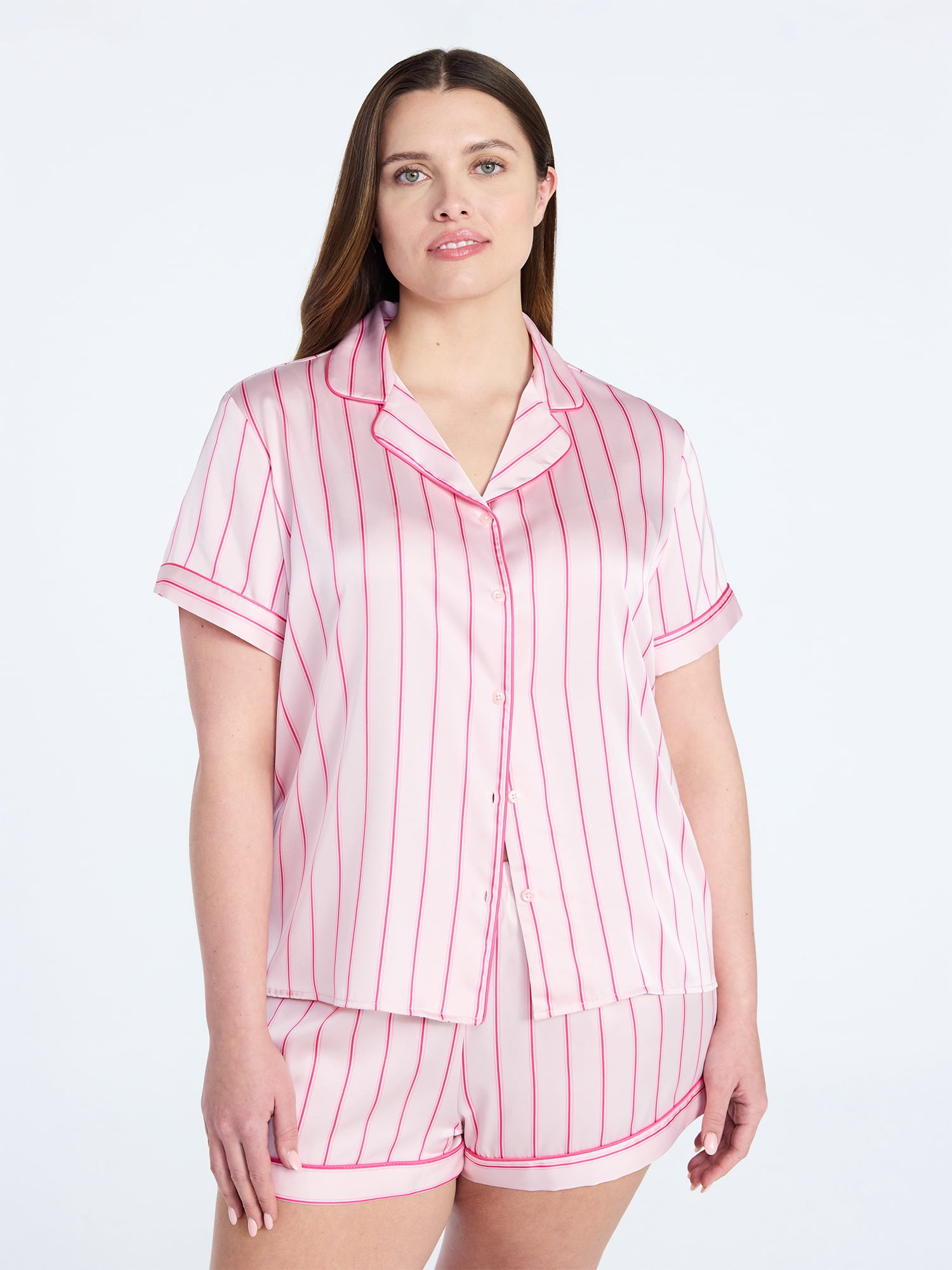 Joyspun Women’s Stretch Satin Short Sleeve Top and Shorts Pajama Set, Sizes XS-3X