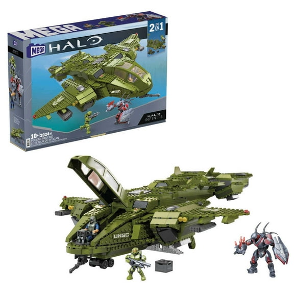 MEGA Halo Ensembles de Construction, Véhicule Pelican avec 2024 Pcs, 3 Figurines d'Action et Accessoires, pour Collectionneurs