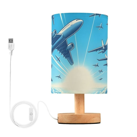 Airplanes in Sky Table Lamp USB Bedside Desk Nightstand Lamp Printed Gifts Small Lamp Wood Base for Bedroom Living Room Kids Room College Dorm