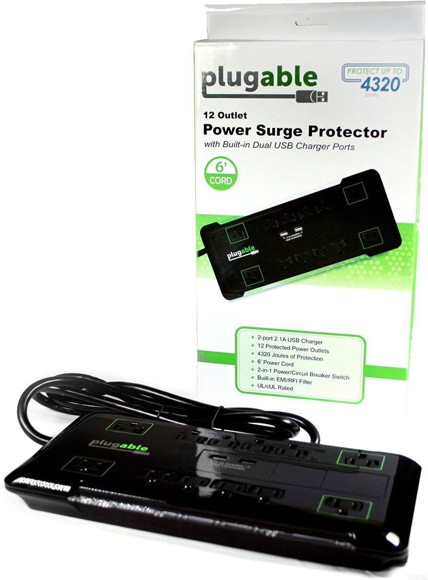 Plugable Surge Protector Power Strip with USB and 12 AC Outlets, Built-in 10.5W 2-Port USB Charger for Android, Apple iOS, and Windows Mobile Devices, 6 Foot Extension Cord - image 4 of 5