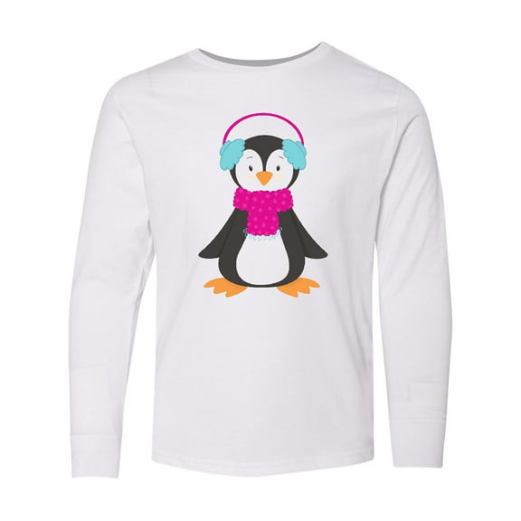 Inktastic Cute Penguin, Penguin With Ear Warmers, Scarf Long Sleeve Youth T-Shirt