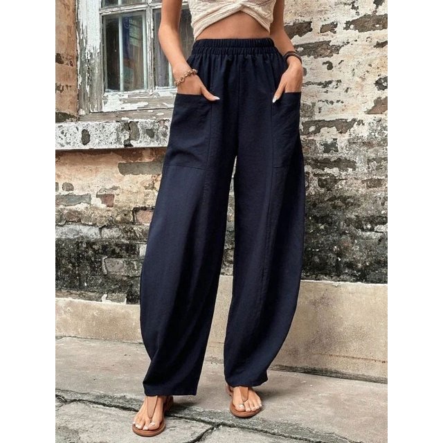 Pantalones casuales de mujer con bolsillos de color sólido, pantalones elásticos