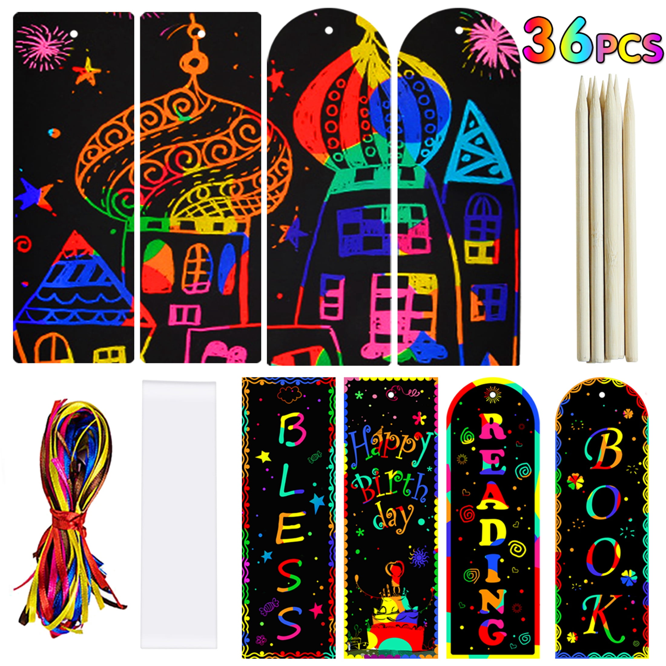 Globleland Bookmarks Making Kit, with Blank Paper Cards with Hole, Ribbon  and Bamboo Sticks, for DIY Scratch Art Paper Magic Bookmark Gift Tags