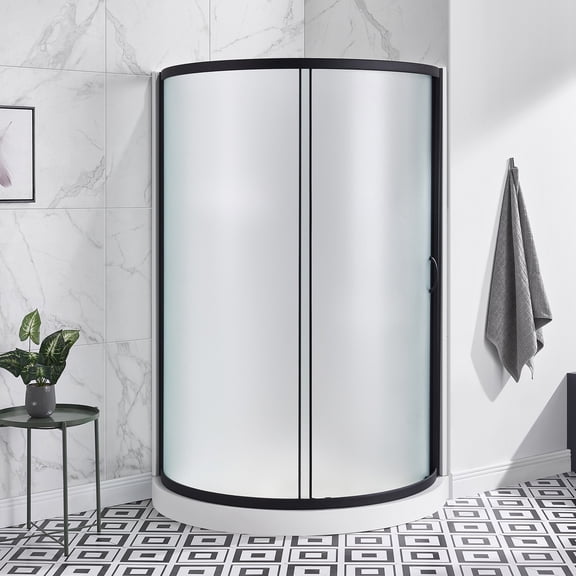 Ove Decors Breeze 36 in x 36 in x 77 in H Curved Corner Shower Kit with Frosted Glass, Walls, Base and Matte Black Hardware