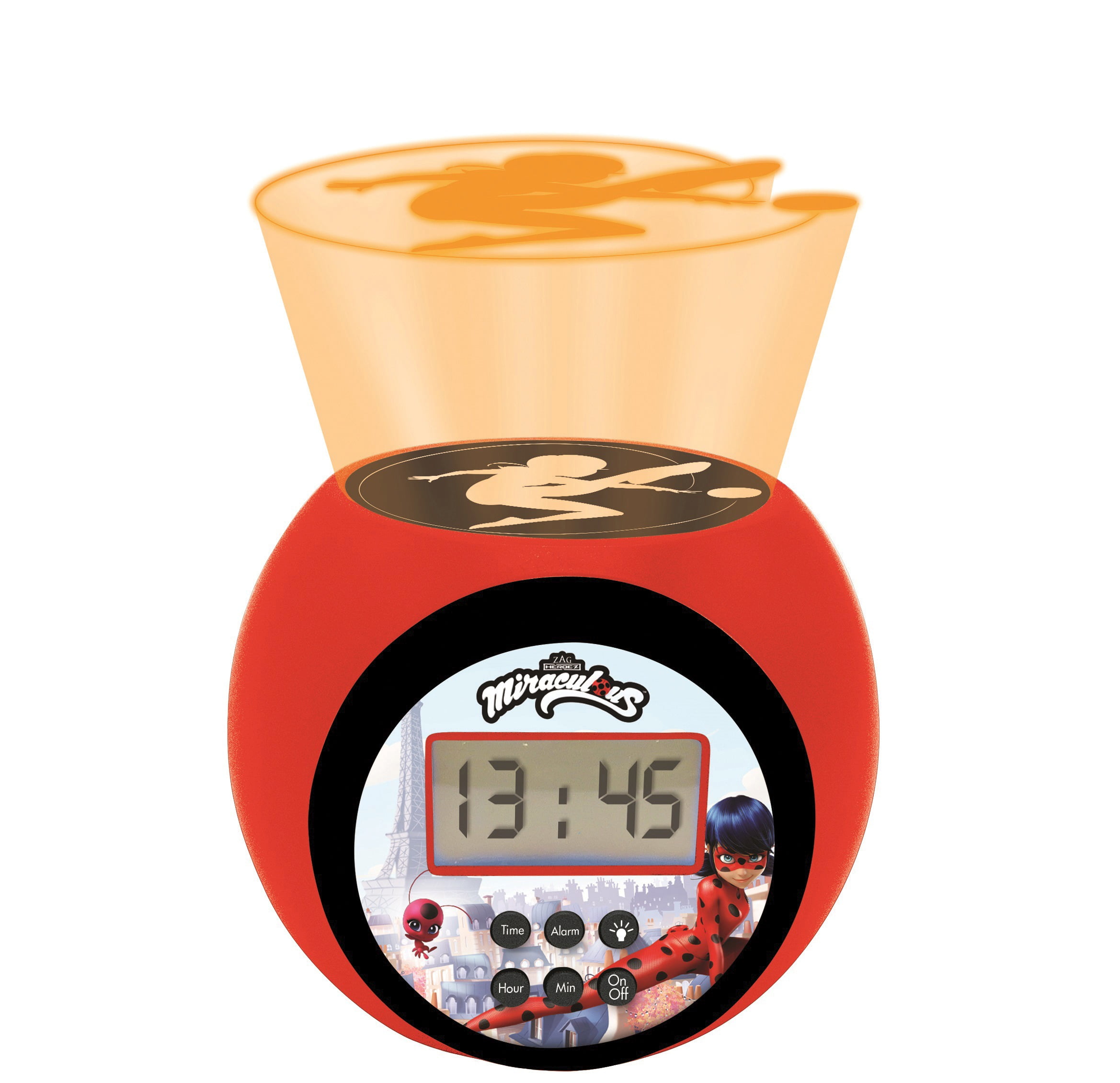 Lexibook - Miraculous Projector Alarm Clock with Snooze Function and Alarm Function, Night Light with Timer, LCD Screen, Battery Operated, Red / Black
