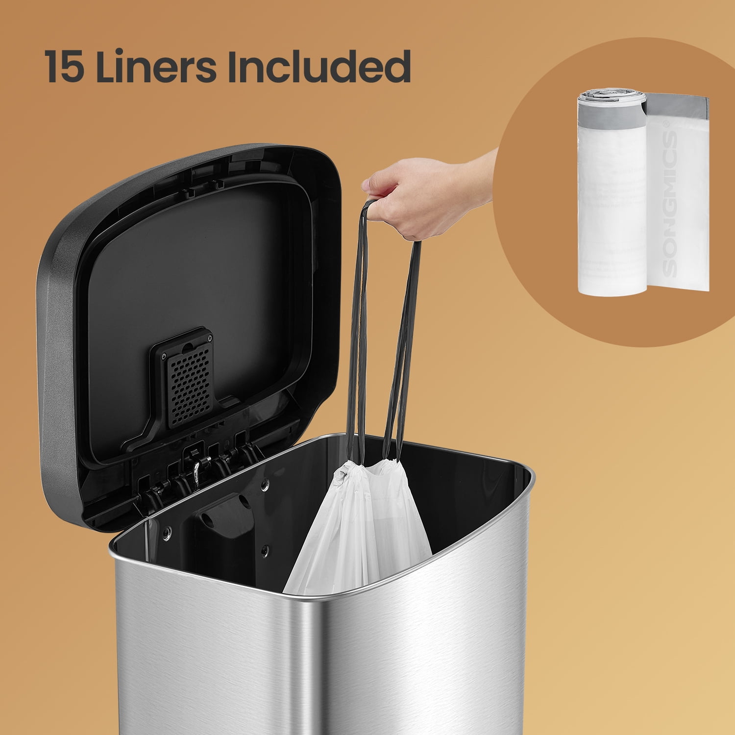 LEDREM 13 Gallon Stainless Steel Kitchen Trash Can , Stay-Open Lid with Step Pedal & Odor Filter , Large Capacity Bin ,Silver and Black