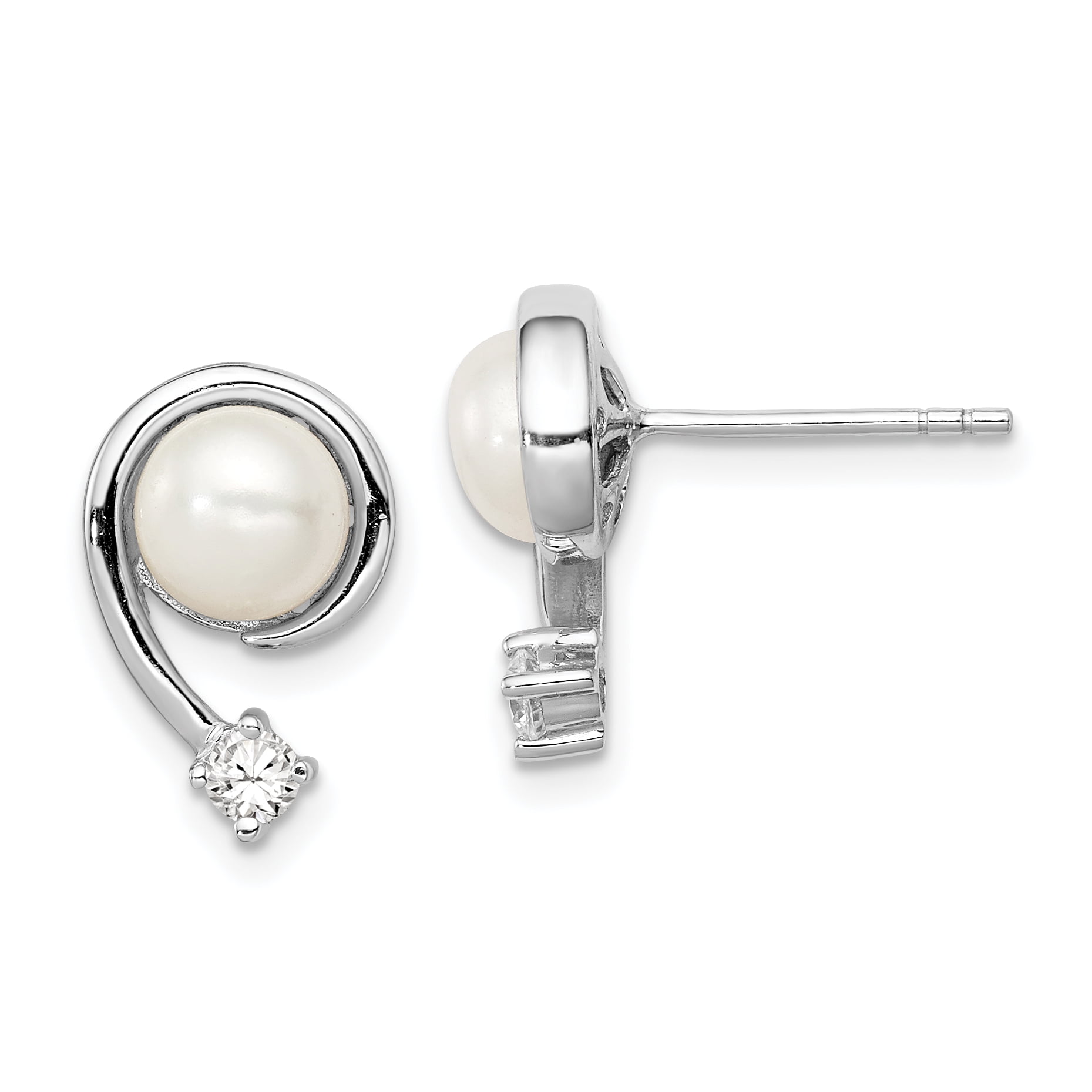 8mm White Button Cultured Pearl Studs ~ 925 Sterling Silver Solitaire Earrings