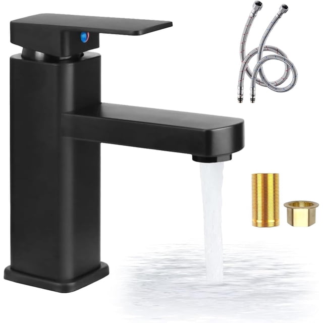 Grifería para Baño, Llave de acero inoxidable lavabo, Agua Caliente y Fría, Grifo Monomando, Grifo del fácil de instalar, Mezcladora para Lavabo de Baño con Manguera (Negro)