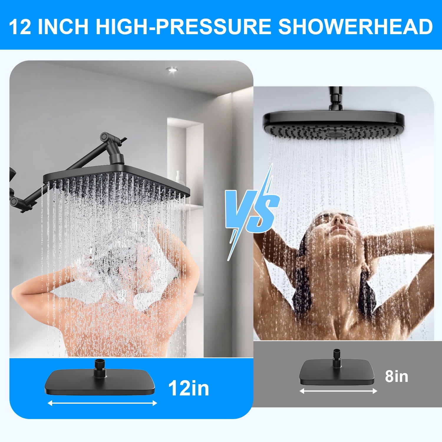 ARDIKAMA Dual Shower Head Combo, High Pressure 12'' Adjustable Extension Arm Rainfall Stainless Steel Showerhead with ON/OFF Pause Switch with Hose, Adhesive Rain Shower Head Holder (Matte Black)