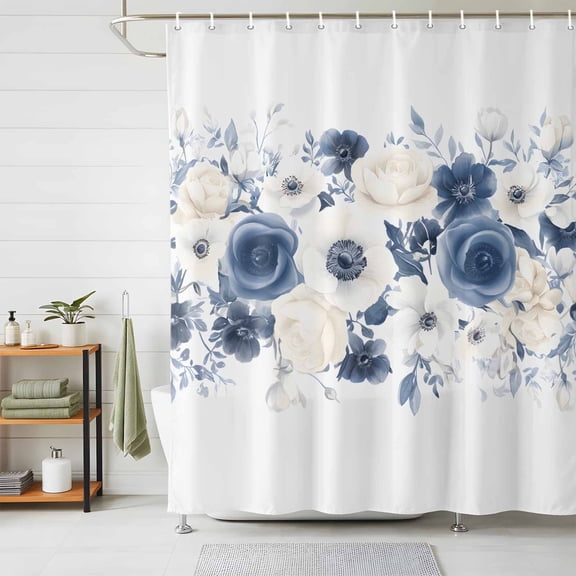 Shower Curtain Blue White Flowers Shower Curtains for Bathroom Decor, Waterproof Polyester Shower Curtain Set with Hooks, Small Stall Size 36" x 72" Watercolor Style